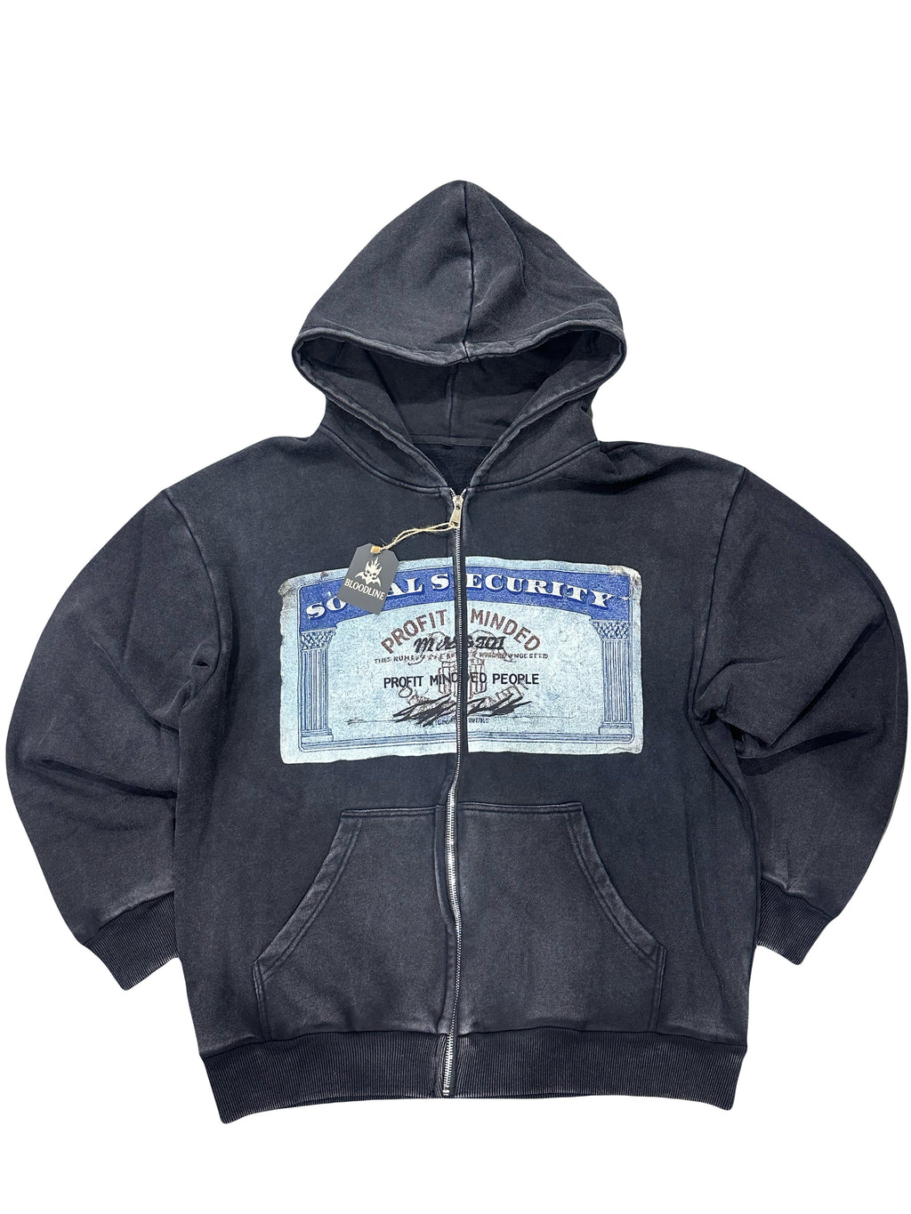 Bloodline Skull Graphic Zip-Up Hoodie – Washed Black Streetwear