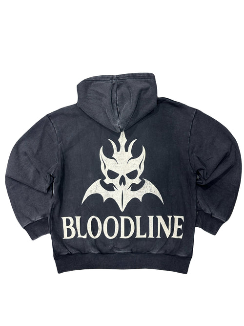 Bloodline Skull Graphic Zip-Up Hoodie – Washed Black Streetwear